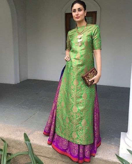 Banarasi Brocade Deep Green Long Kurti With Magenta Skirt