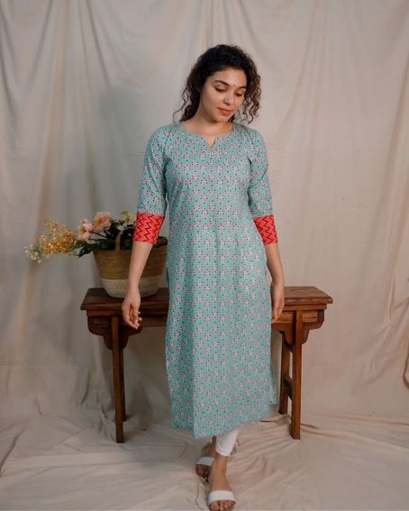 Cotton Slit Top with Bagh Print Patch on Sleeve