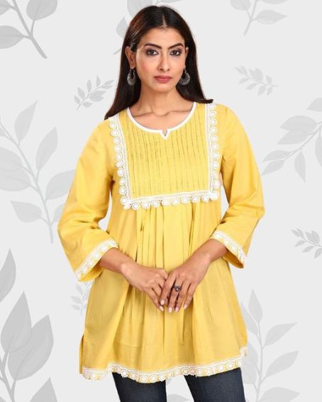 Front Pleated Type Yellow Kurti with Lace Work