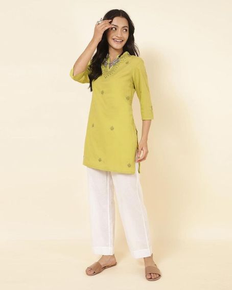 Green Cotton Slim Fit Short Kurti with White Pant