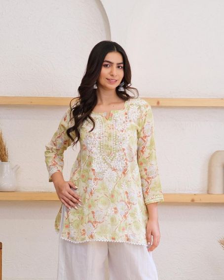 Hand Embroidery Short Kurti with Crochet Lace