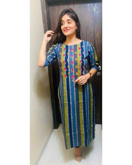 Heavy Cotton Kurti with Floral Hand Embroidery on the Front