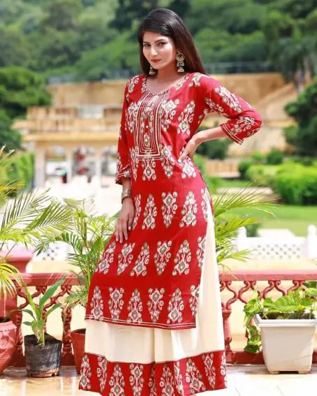 Lace And Mirror Work Kurti Paired With Sandal Skirt