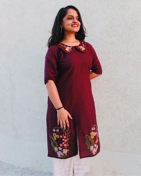 Middle-Cut Brown Hand Embroidery Kurti