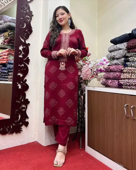 Sleeve End and Neck Embroidery Maroon Woollen Kurti