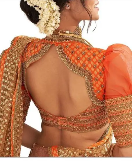 Back Neck Design Bridal Blouse with Stone and Embroidered Work in Orange Color