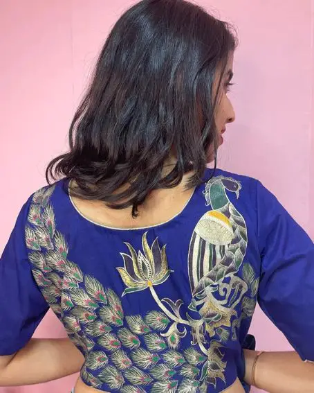 Blue Hand Painted Cotton Silk Peacock Design Blouse