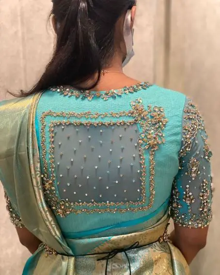Bridal Blouses Stone and Embroidered Work Design in Green Color