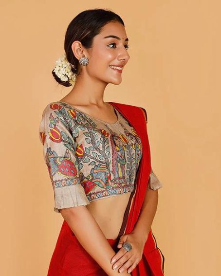 Cotton Peacock Printed Blouse with Red saree with black border