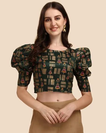 Dark Green Color Printed Top with Puff Sleeves Retro Blouse