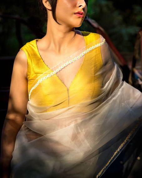 Hand embroidered Yellow Color Retro Blouse with Organza saree