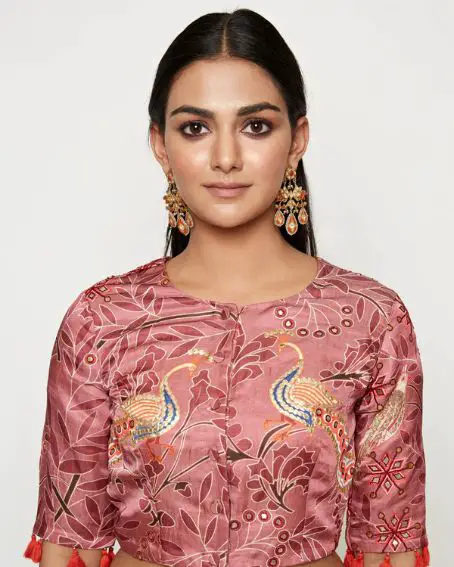 Morbagh Peacock designs Rose Pink Embroidered Blouse with tussels