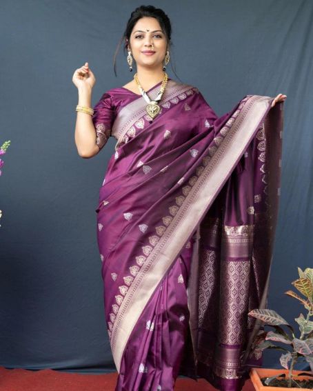 Outstanding Purple Banarasi Silk Saree With Classic Blouse