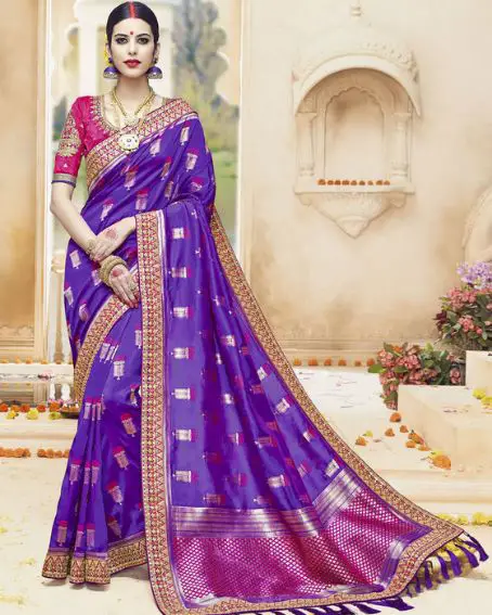 Purple Embroidered Kanchipuram Silk Saree With Blouse