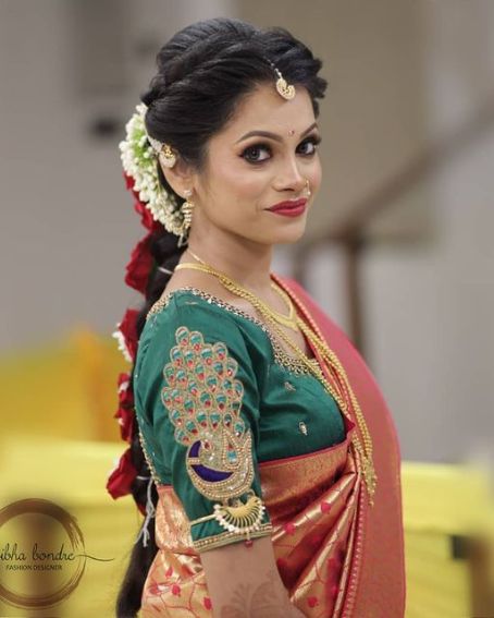 Peacock Design Green Color Blouse With red si;lk saree for Brides