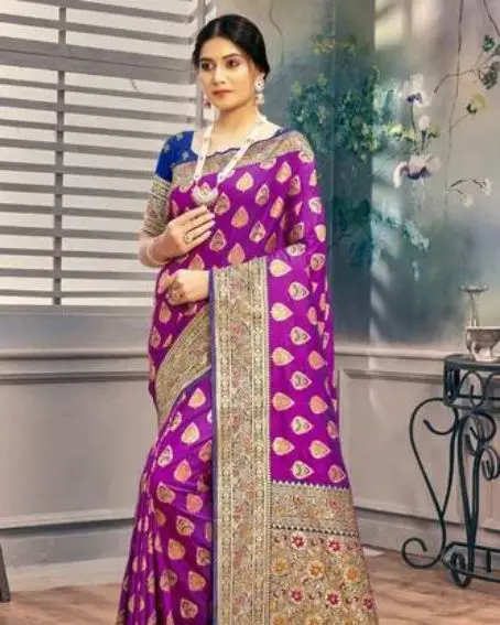 Purple Banarasi Silk Woven Saree With Contrast Blouse