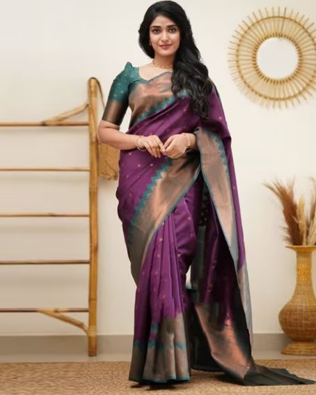 Purple Color Woven Saree with Contrast blouse