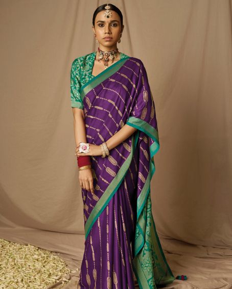 Purple & Green Soft Silk Saree With Contrast Blouse
