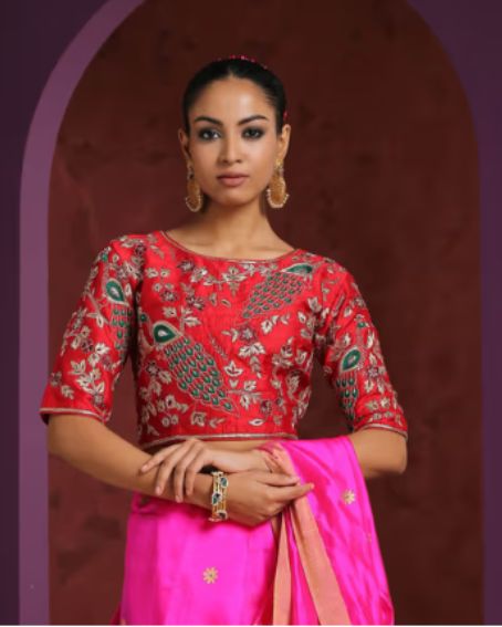 Red Color Handcrafted Border Blouse with Intricate Peacock Motif