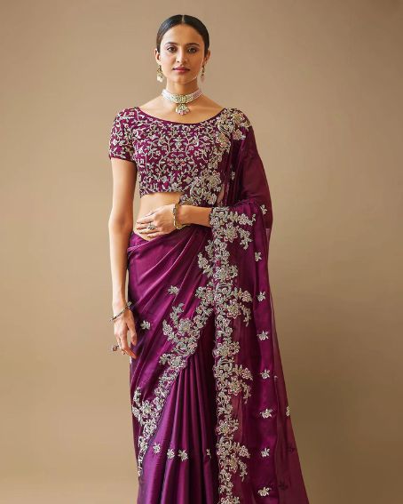 Sangria Purple Colored Saree in Organza with Embroidered Border, Buttis