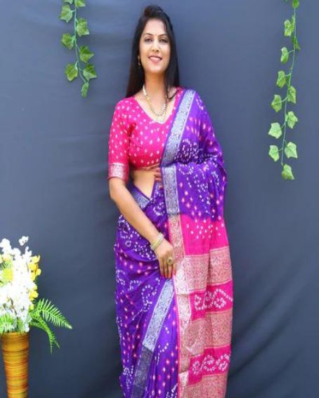 Two Color Bandhej Purple Silk Saree Made By High Quality