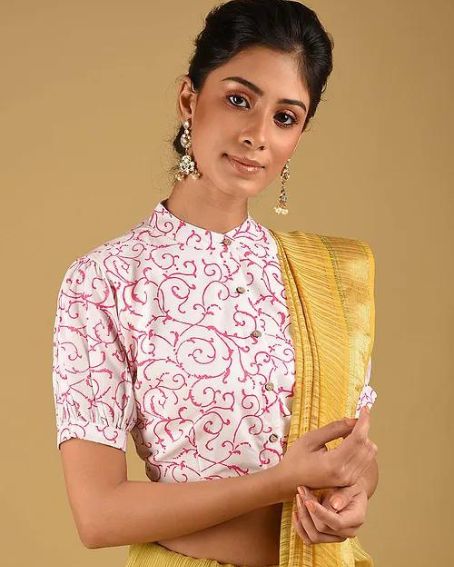 White-Pink Block Printed Cotton Blouse with Collar Neck