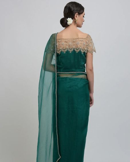 pearl Netted & Thread Work Bridal Blouses in Dark Green Color