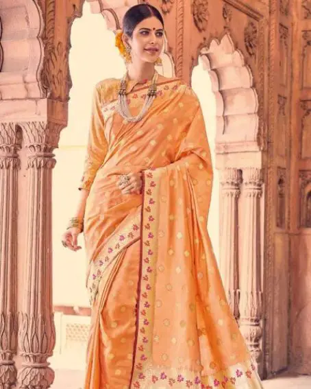 Banarasi Raw Silk Peach Banarasi Saree With Blouse