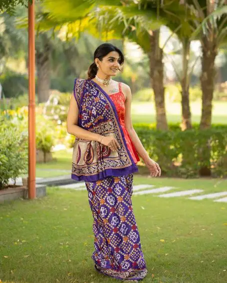 Bandhej Purple Saree with Exclusive Peplum Red Sequins Blouse