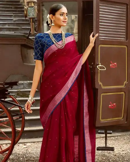 Beautiful Maroon Lenin Saree with Blue Color Contrast Blouse