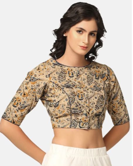 Beige And Mustard Yellow Hand Block Printed Non Paded Cotton Blouse