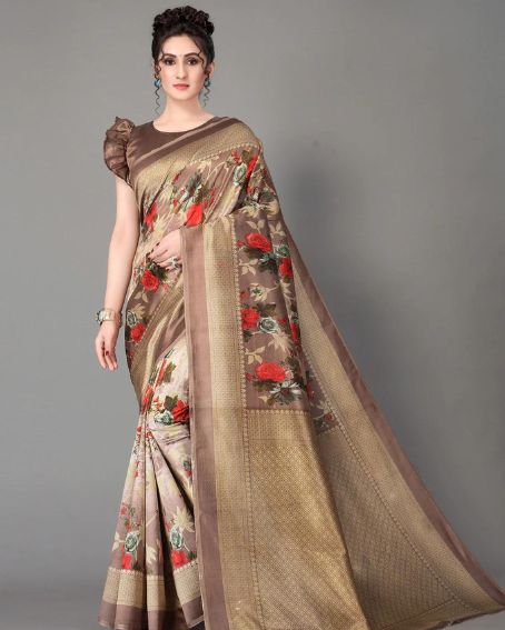 Beige Colored Floral Mysore Raw Silk Saree With Blouse