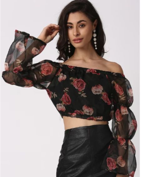 Black & Red Floral Print Off-Shoulder Bardot Crop Top