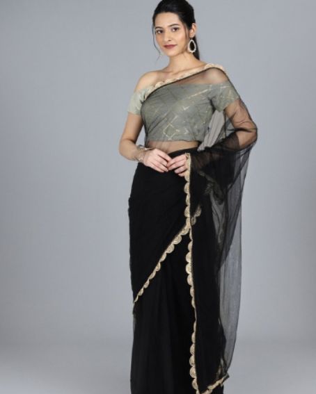 Black Saree With An Off Shoulder Gray Colour Blouse Design