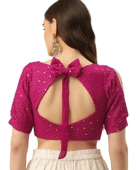 Blouse With Sequins Embroidery On Georgette With Bow At The Back