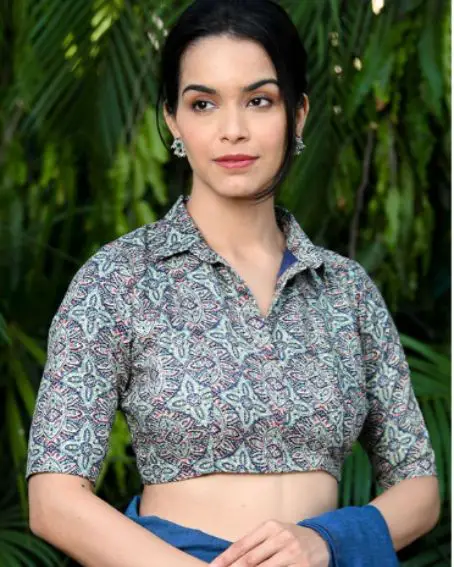 Blue And Green Kalamkari Printed Shirt Collar Cotton Saree Blouse