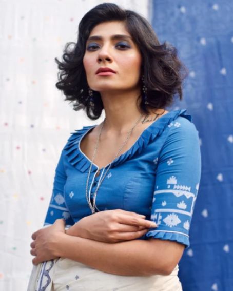 Blue Color Jamdani Frill Designer Blouse With White Saree