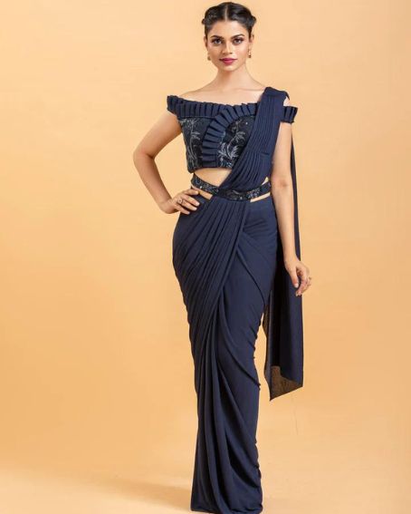 Blue Drape Saree With Embroidered Off-Shoulder Blouse