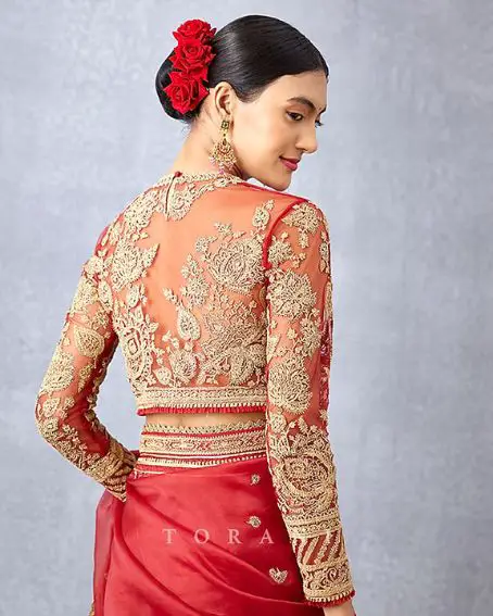 Bright Red Weding Blouse In Butterfly Net Base With Hand Adda Worke