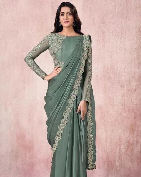 Dusty Green Silk Party Wear Saree With Thread Work Blouse Design