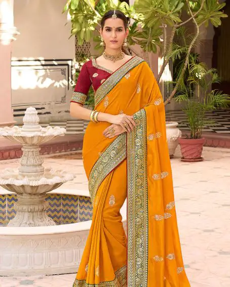 Embroidered Orange Saree With Contrast Blouse
