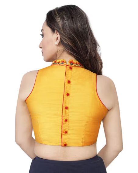 Embroidered Yellow Blouse with Back Red Button-Closure