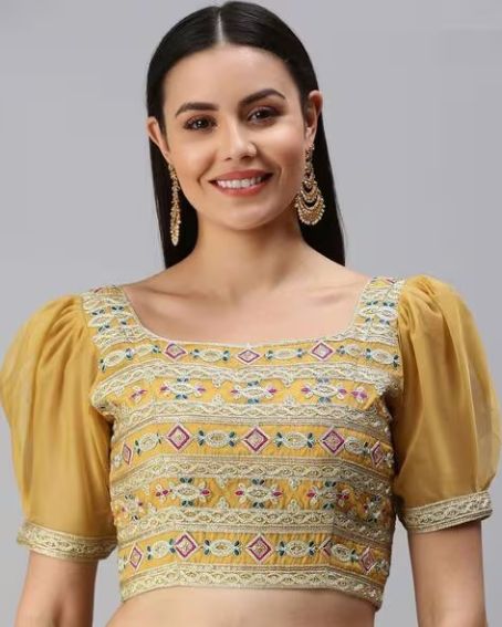 Embroidered Yellow Coloured Blouse with Puff Sleeves