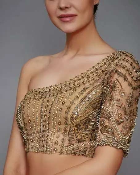 Gold Net One Shoulder Saree with Asymmetric Blouse