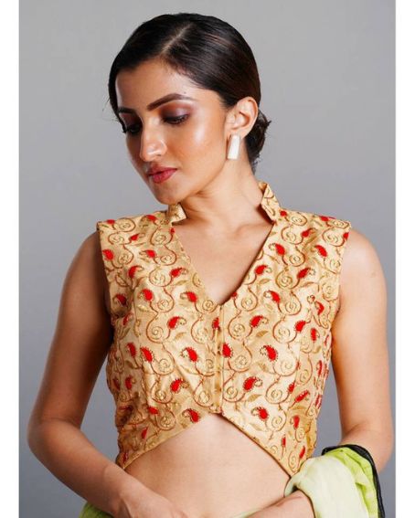 Golden with Red Floral Embroidered Blouse with Asymetric Hem Line