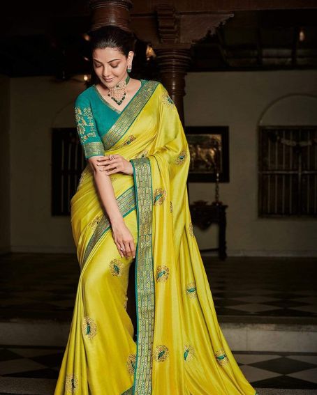 Gorgeous Bright Yellow Green Designer Saree With Embroidery