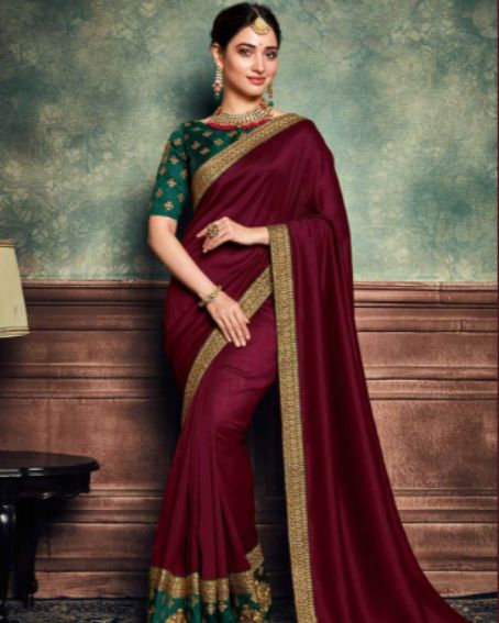 Gorgeous Maroon Heavy Border Saree with Green Contrast Blouse