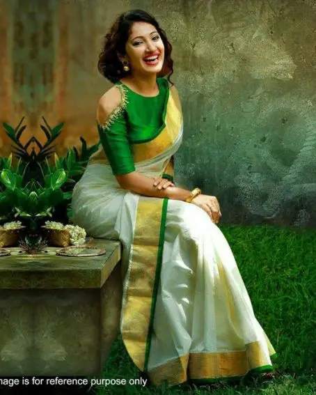 Green Cold Shoulder Blouse With White Saree