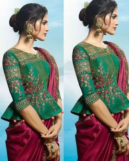 Green Color Embroidery Work Peplum Blouse Design
