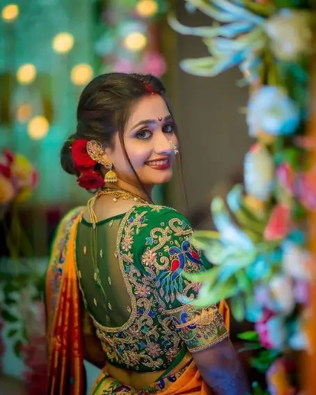 Green Color Embroidery Work Wedding Designery Blouse Marathi Style